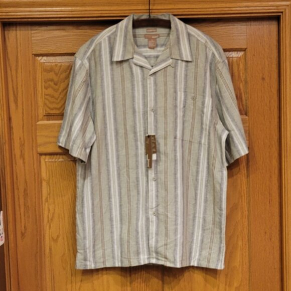 Bruno 100% Washable Linen Short Sleeve Striped Sage Green Button Front Shirt NEW - Picture 4 of 13
